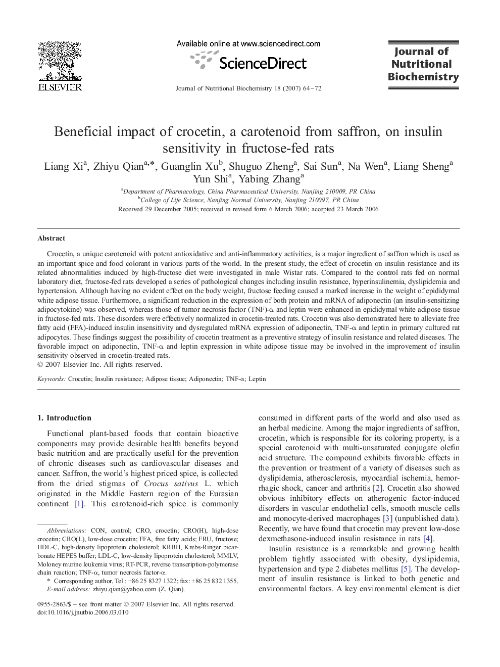 Beneficial impact of crocetin, a carotenoid from saffron, on insulin sensitivity in fructose-fed rats