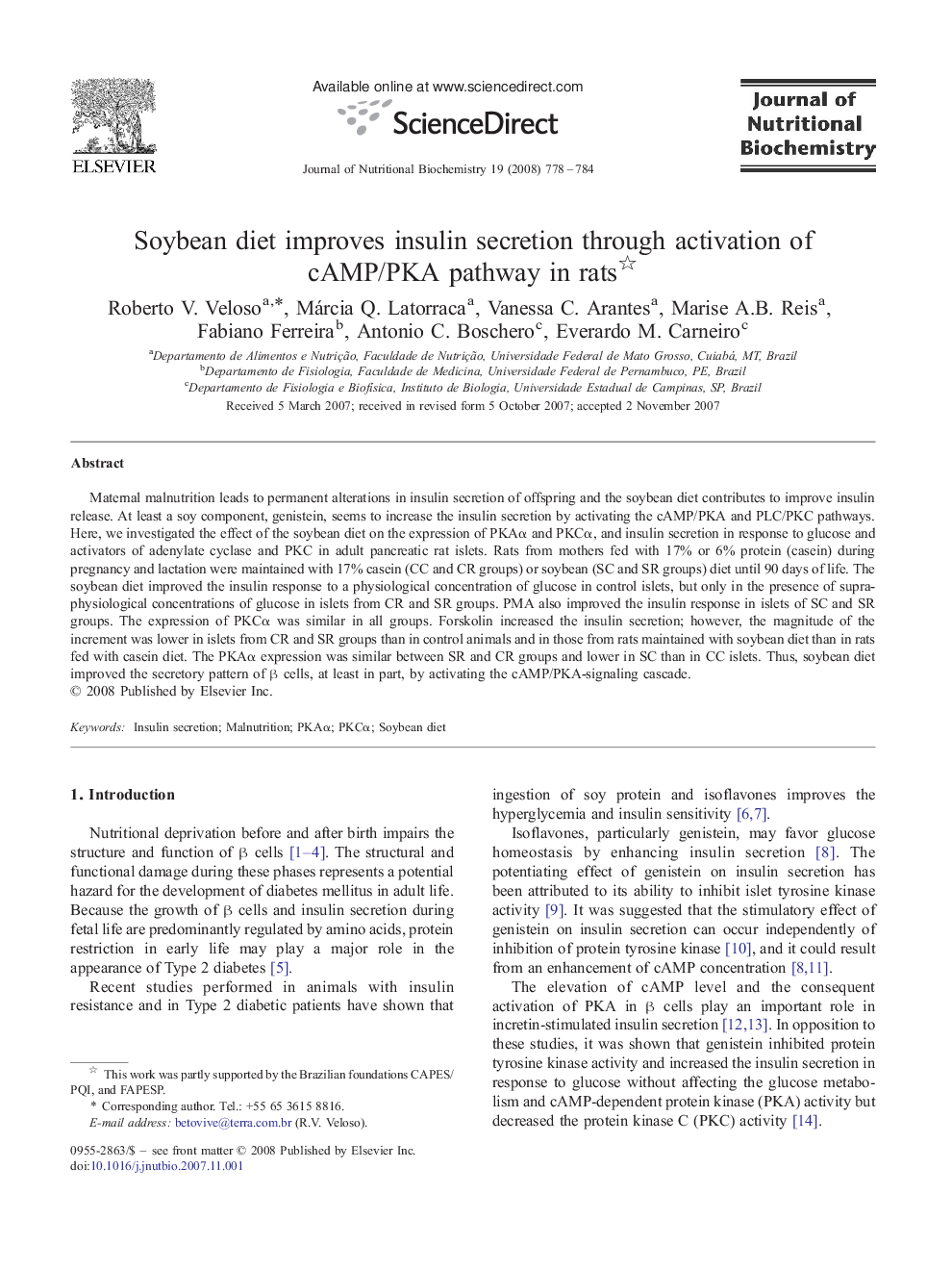 Soybean diet improves insulin secretion through activation of cAMP/PKA pathway in rats 