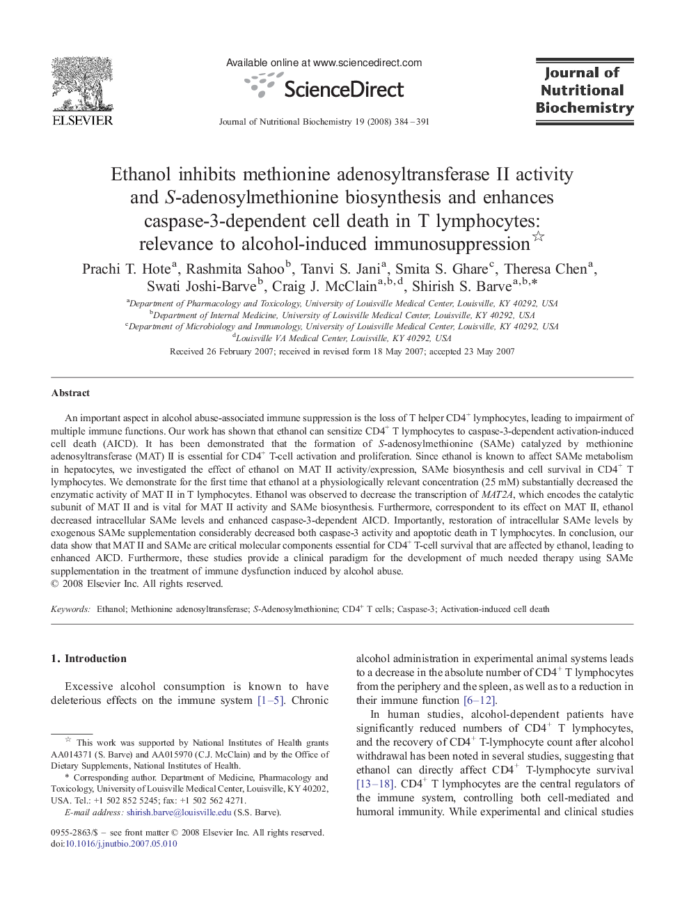 Ethanol inhibits methionine adenosyltransferase II activity and S-adenosylmethionine biosynthesis and enhances caspase-3-dependent cell death in T lymphocytes: relevance to alcohol-induced immunosuppression 