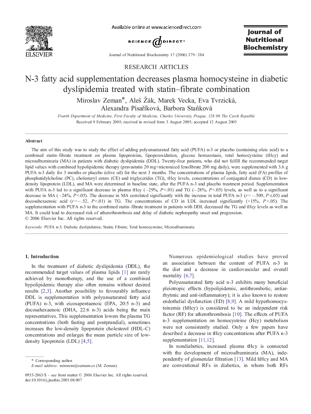 N-3 fatty acid supplementation decreases plasma homocysteine in diabetic dyslipidemia treated with statin–fibrate combination