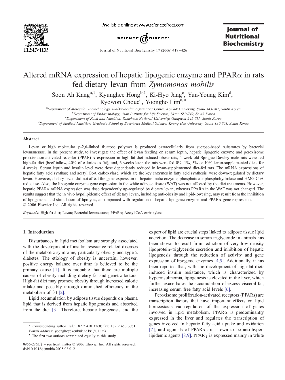 Altered mRNA expression of hepatic lipogenic enzyme and PPARα in rats fed dietary levan from Zymomonas mobilis