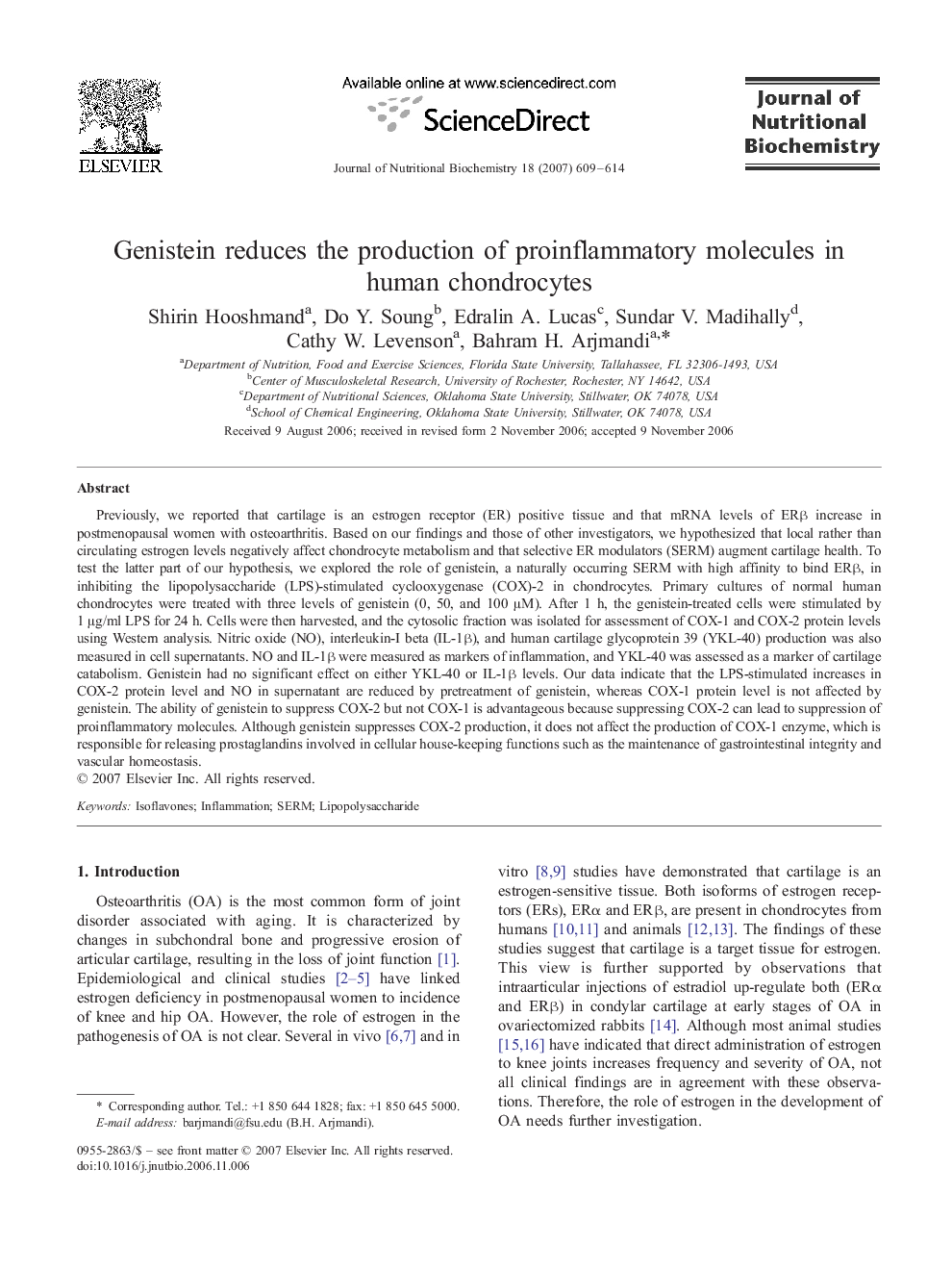 Genistein reduces the production of proinflammatory molecules in human chondrocytes