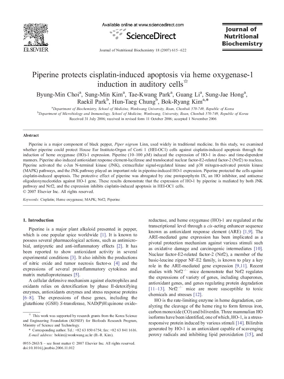 Piperine protects cisplatin-induced apoptosis via heme oxygenase-1 induction in auditory cells 