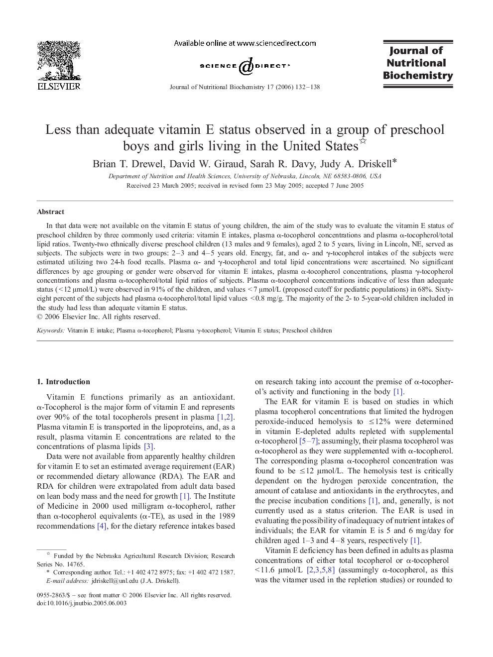 Less than adequate vitamin E status observed in a group of preschool boys and girls living in the United States 