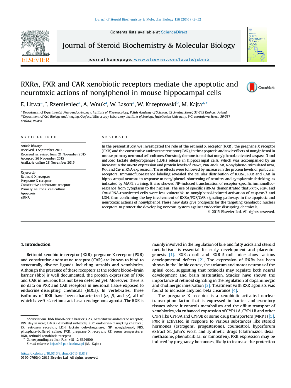 RXRÎ±, PXR and CAR xenobiotic receptors mediate the apoptotic and neurotoxic actions of nonylphenol in mouse hippocampal cells