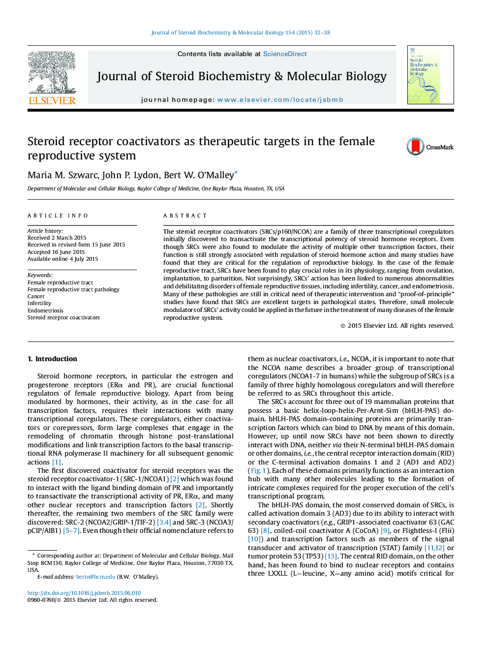 Steroid receptor coactivators as therapeutic targets in the female reproductive system