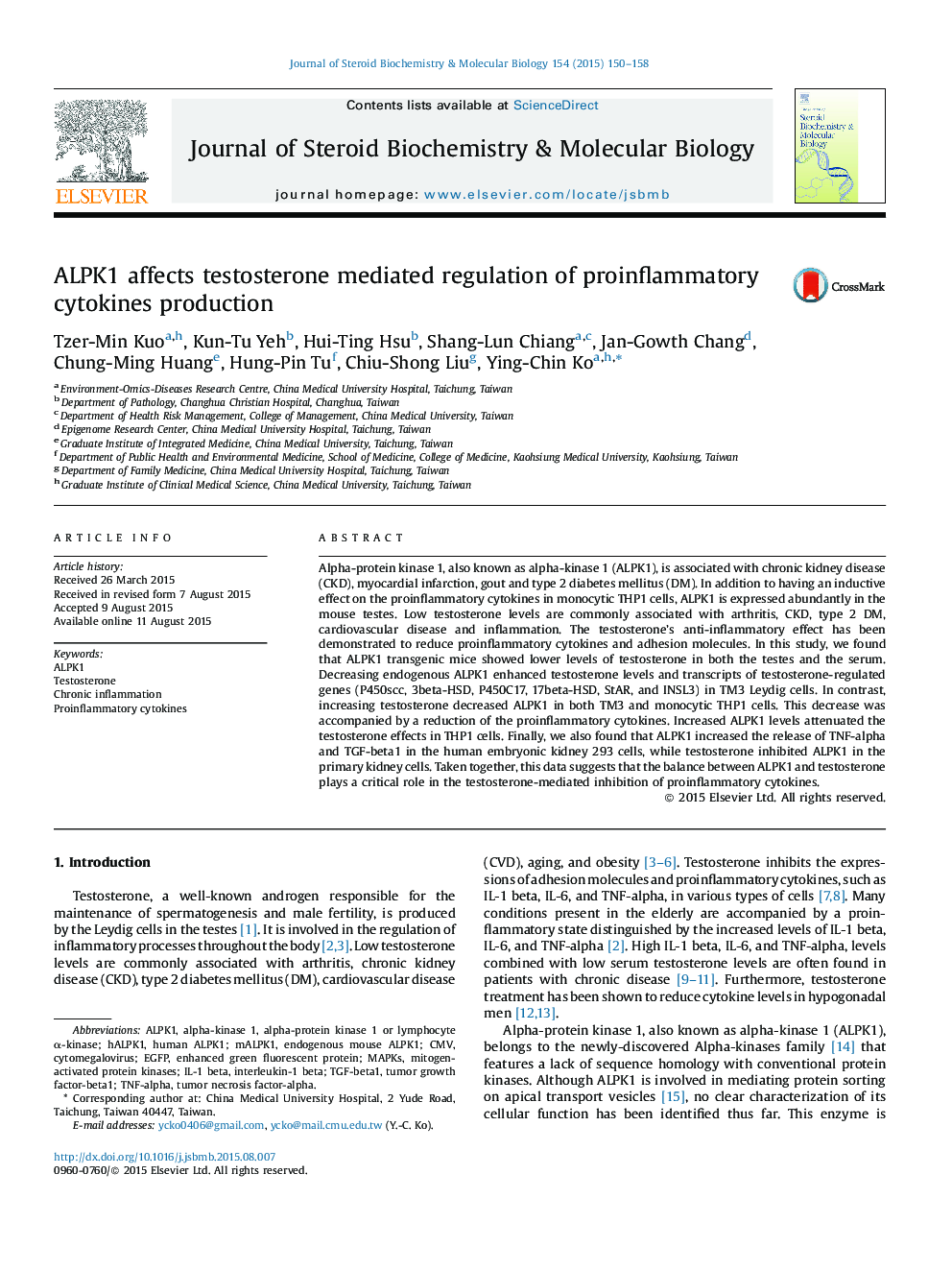 ALPK1 affects testosterone mediated regulation of proinflammatory cytokines production