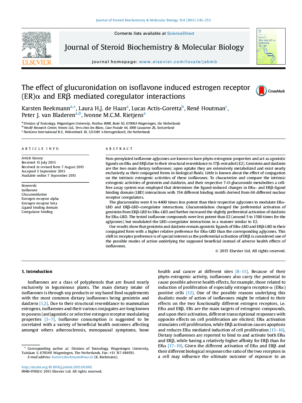 The effect of glucuronidation on isoflavone induced estrogen receptor (ER)α and ERβ mediated coregulator interactions