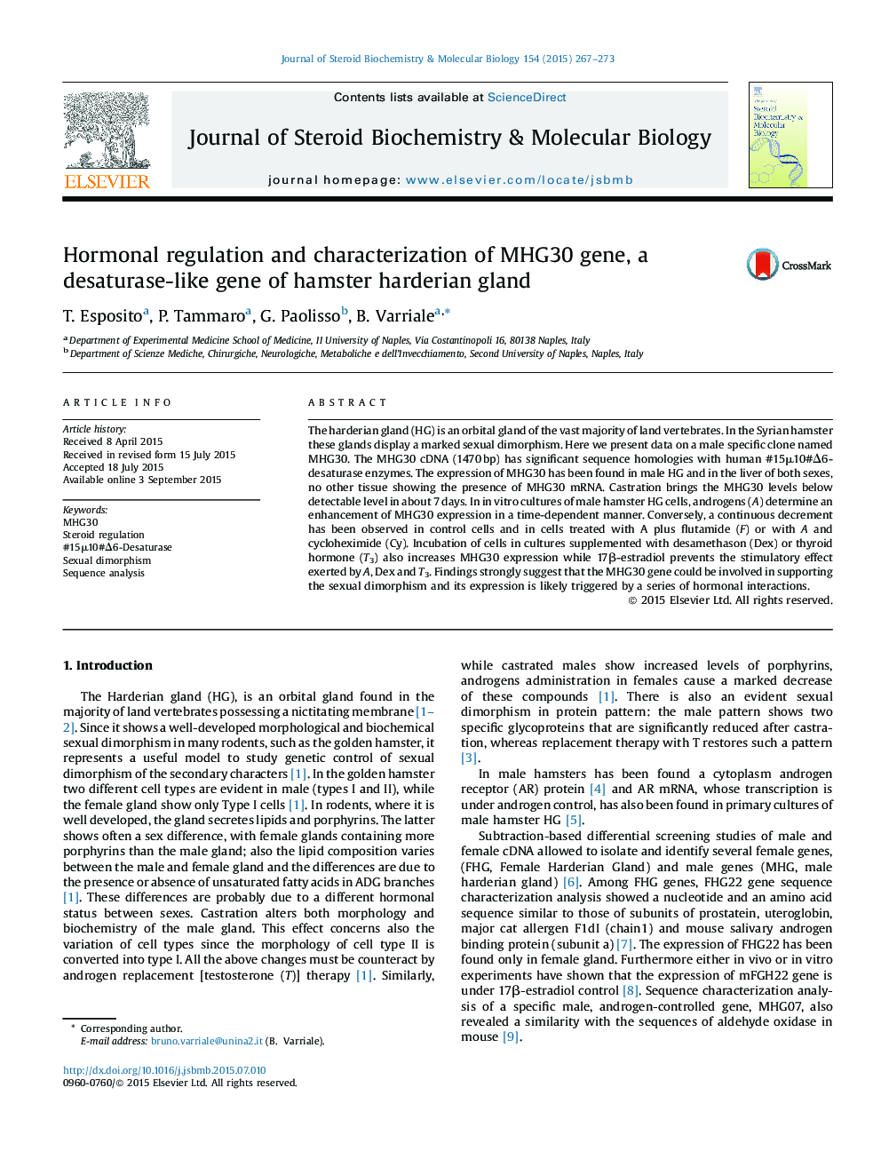 Hormonal regulation and characterization of MHG30 gene, a desaturase-like gene of hamster harderian gland