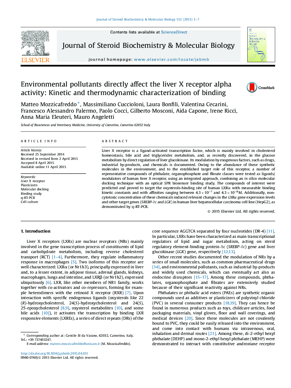 Environmental pollutants directly affect the liver X receptor alpha activity: Kinetic and thermodynamic characterization of binding