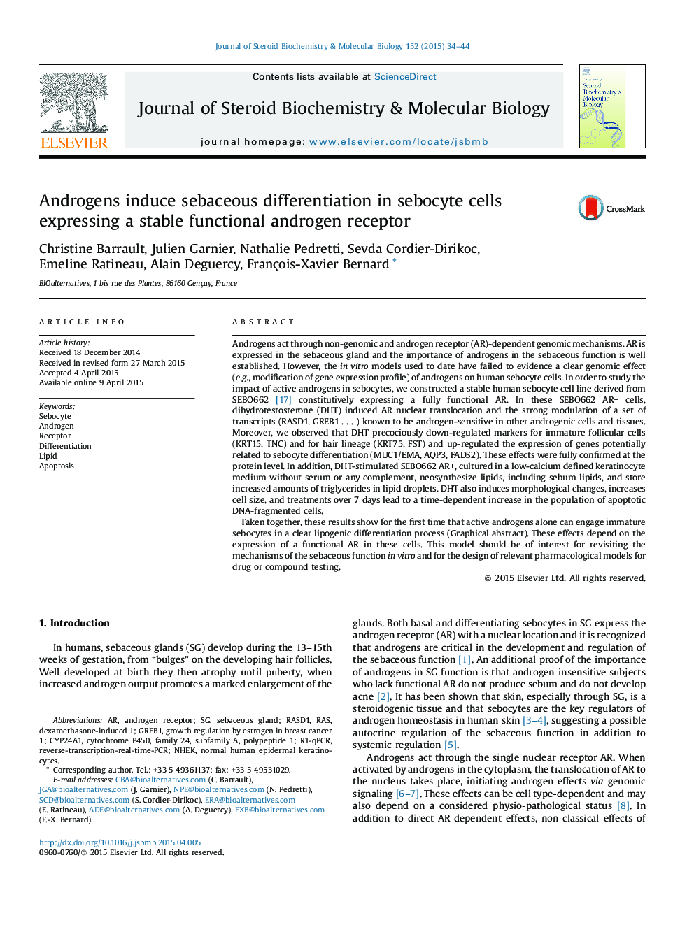 Androgens induce sebaceous differentiation in sebocyte cells expressing a stable functional androgen receptor