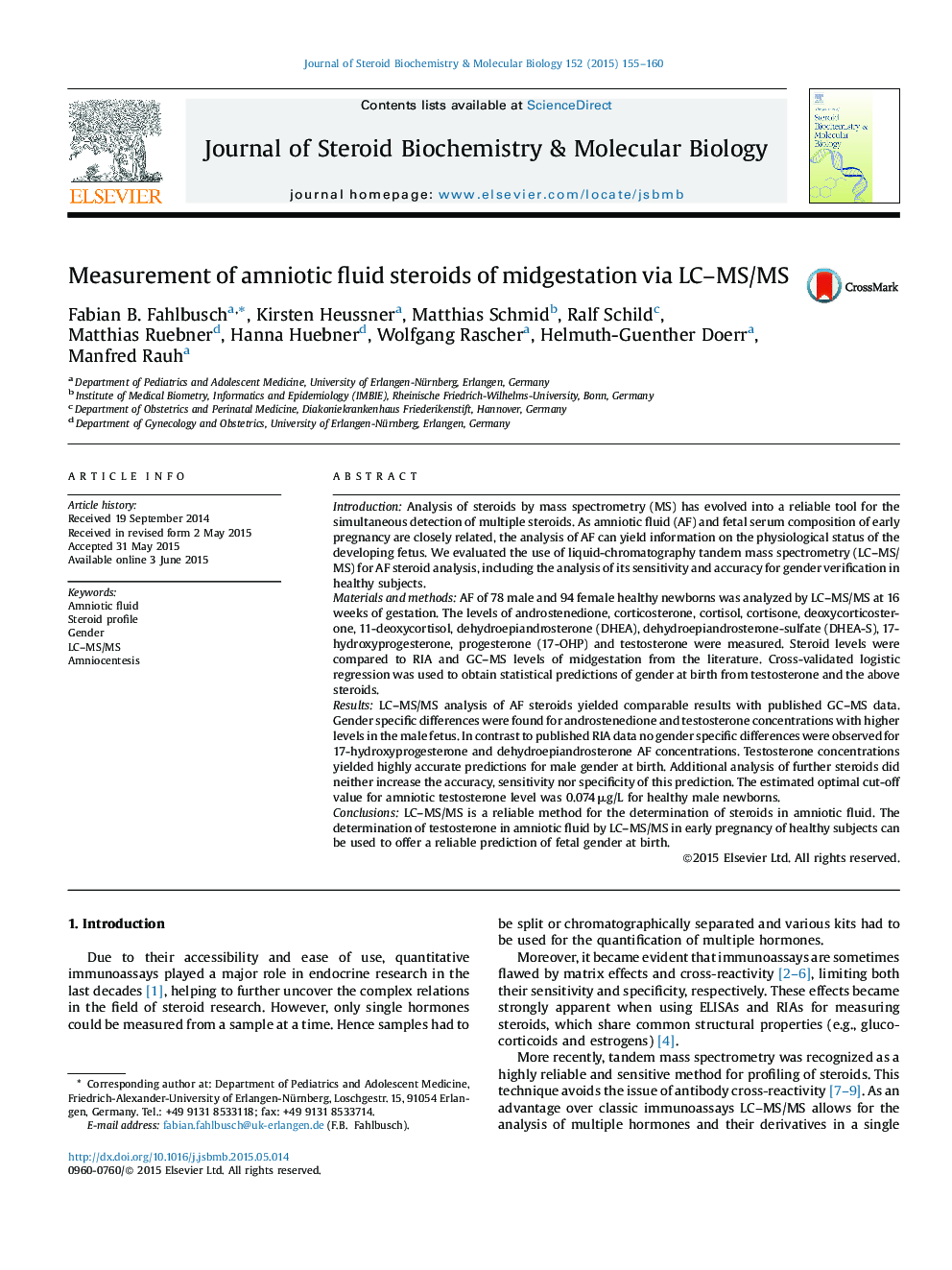 Measurement of amniotic fluid steroids of midgestation via LC–MS/MS