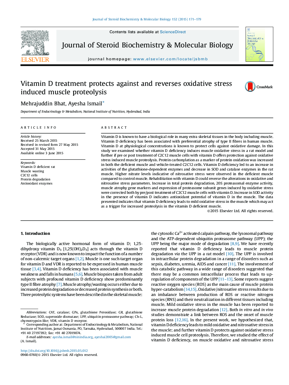 Vitamin D treatment protects against and reverses oxidative stress induced muscle proteolysis