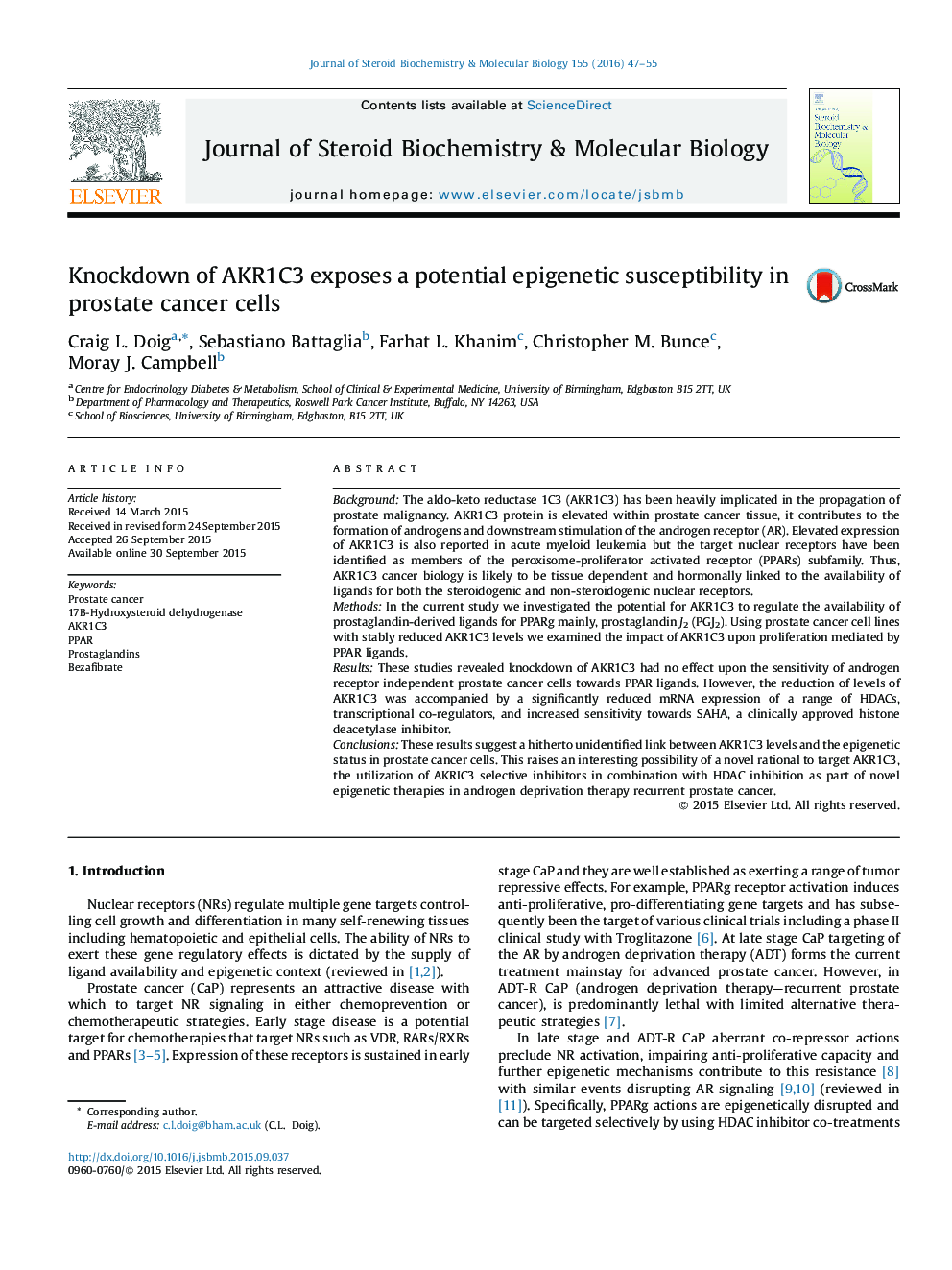 Knockdown of AKR1C3 exposes a potential epigenetic susceptibility in prostate cancer cells