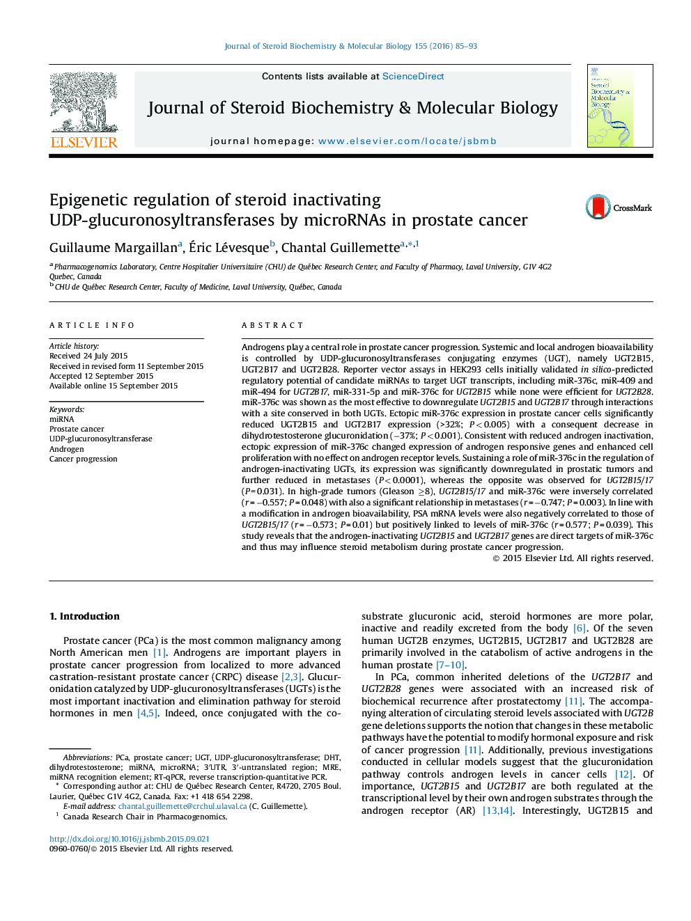 Epigenetic regulation of steroid inactivating UDP-glucuronosyltransferases by microRNAs in prostate cancer