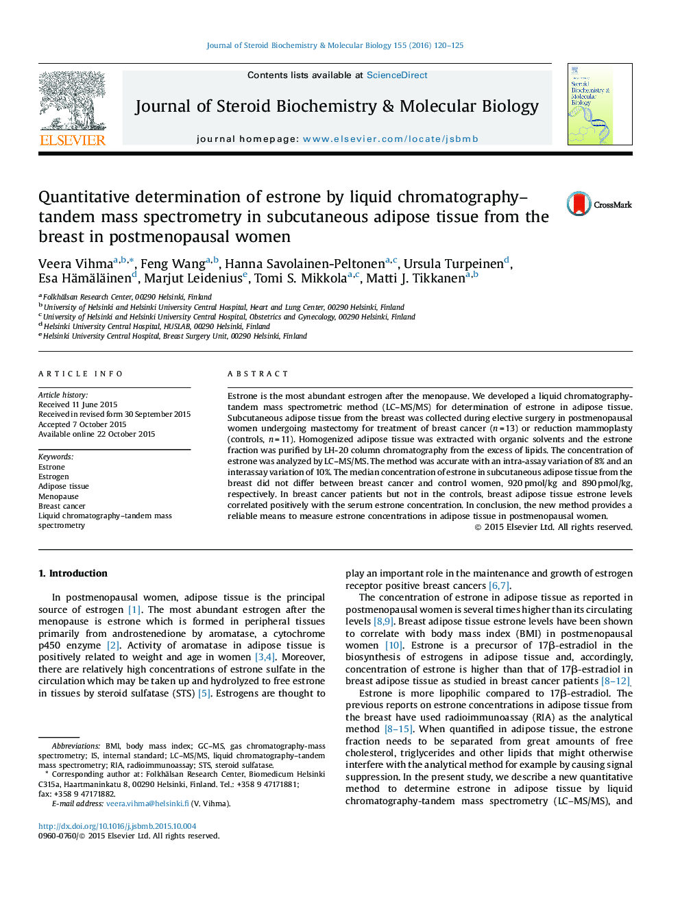 Quantitative determination of estrone by liquid chromatography–tandem mass spectrometry in subcutaneous adipose tissue from the breast in postmenopausal women