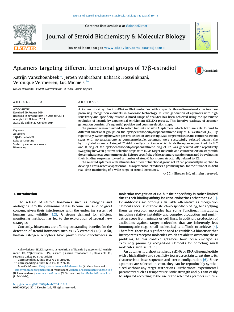 Aptamers targeting different functional groups of 17β-estradiol