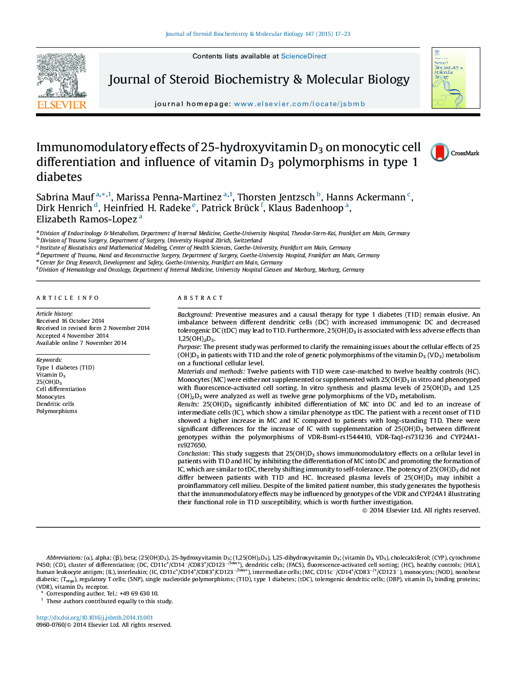 Immunomodulatory effects of 25-hydroxyvitamin D3 on monocytic cell differentiation and influence of vitamin D3 polymorphisms in type 1 diabetes