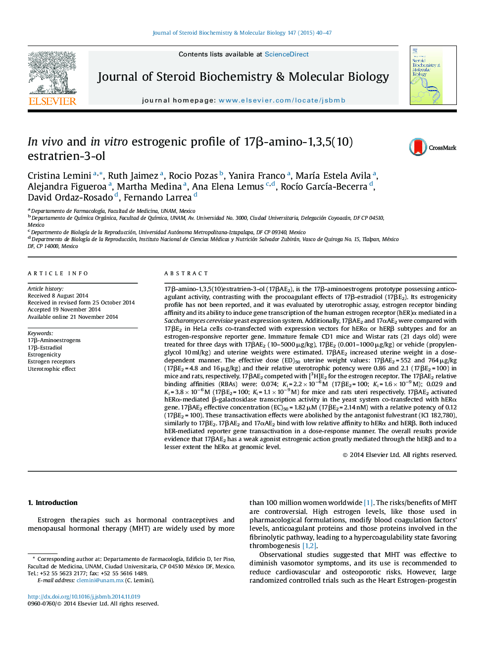 In vivo and in vitro estrogenic profile of 17β-amino-1,3,5(10)estratrien-3-ol