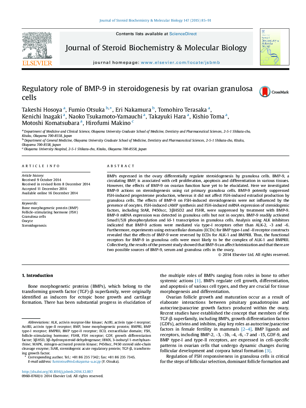 Regulatory role of BMP-9 in steroidogenesis by rat ovarian granulosa cells