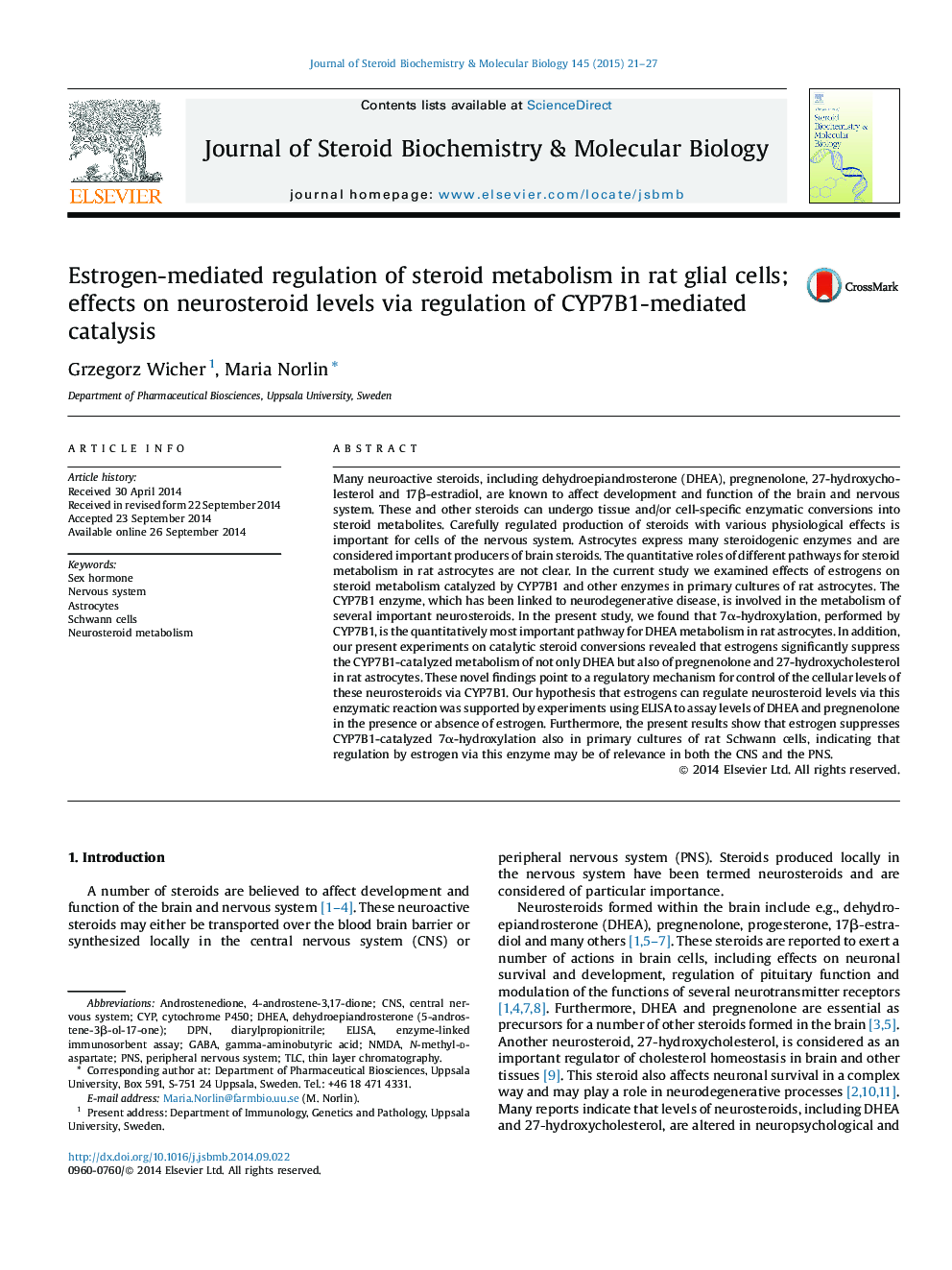 Estrogen-mediated regulation of steroid metabolism in rat glial cells; effects on neurosteroid levels via regulation of CYP7B1-mediated catalysis