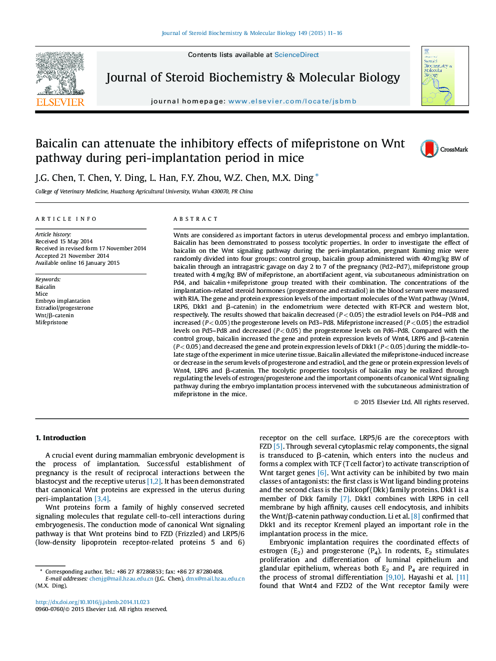 Baicalin can attenuate the inhibitory effects of mifepristone on Wnt pathway during peri-implantation period in mice