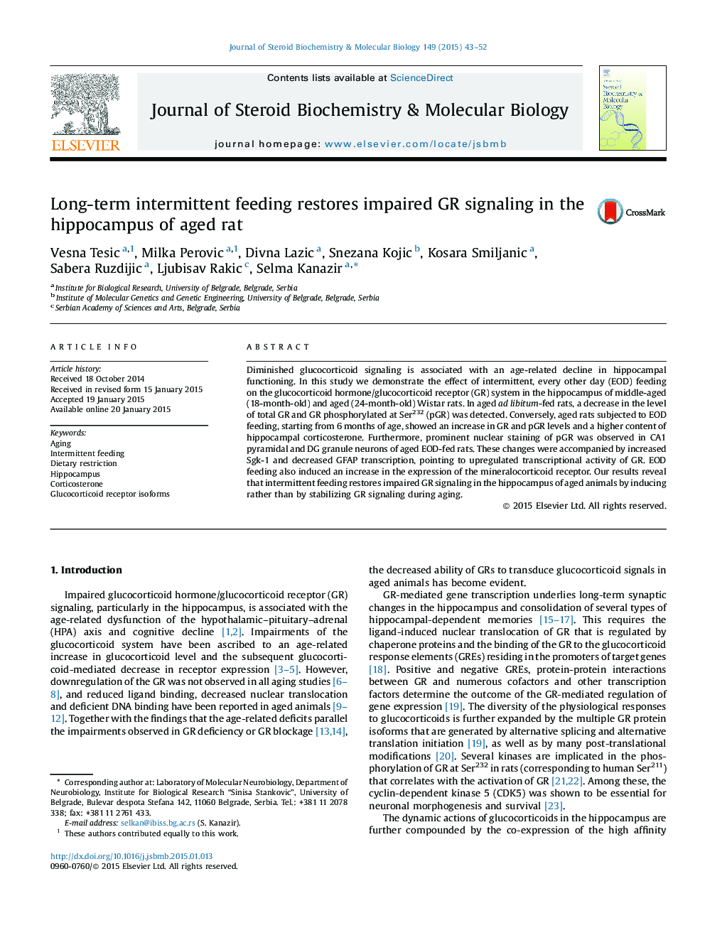 Long-term intermittent feeding restores impaired GR signaling in the hippocampus of aged rat