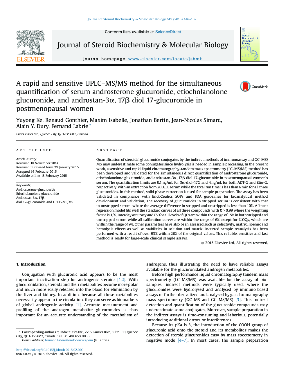 A rapid and sensitive UPLC–MS/MS method for the simultaneous quantification of serum androsterone glucuronide, etiocholanolone glucuronide, and androstan-3α, 17β diol 17-glucuronide in postmenopausal women