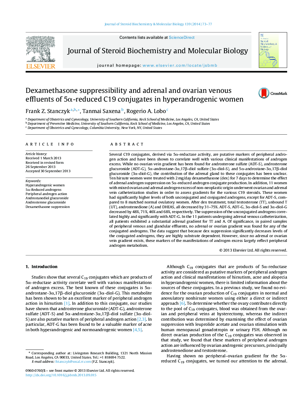 Dexamethasone suppressibility and adrenal and ovarian venous effluents of 5α-reduced C19 conjugates in hyperandrogenic women