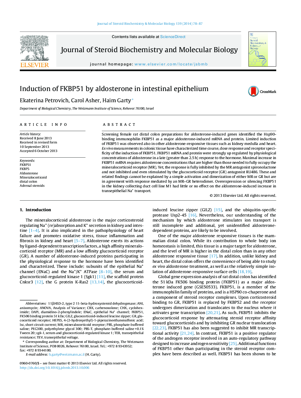 Induction of FKBP51 by aldosterone in intestinal epithelium