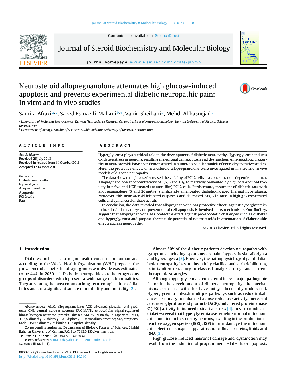 Neurosteroid allopregnanolone attenuates high glucose-induced apoptosis and prevents experimental diabetic neuropathic pain: In vitro and in vivo studies