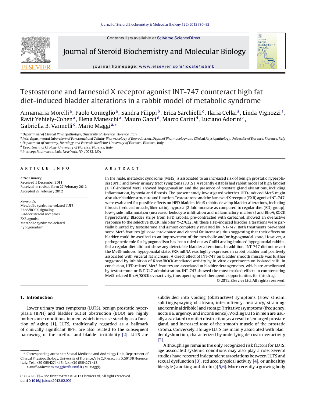 Testosterone and farnesoid X receptor agonist INT-747 counteract high fat diet-induced bladder alterations in a rabbit model of metabolic syndrome