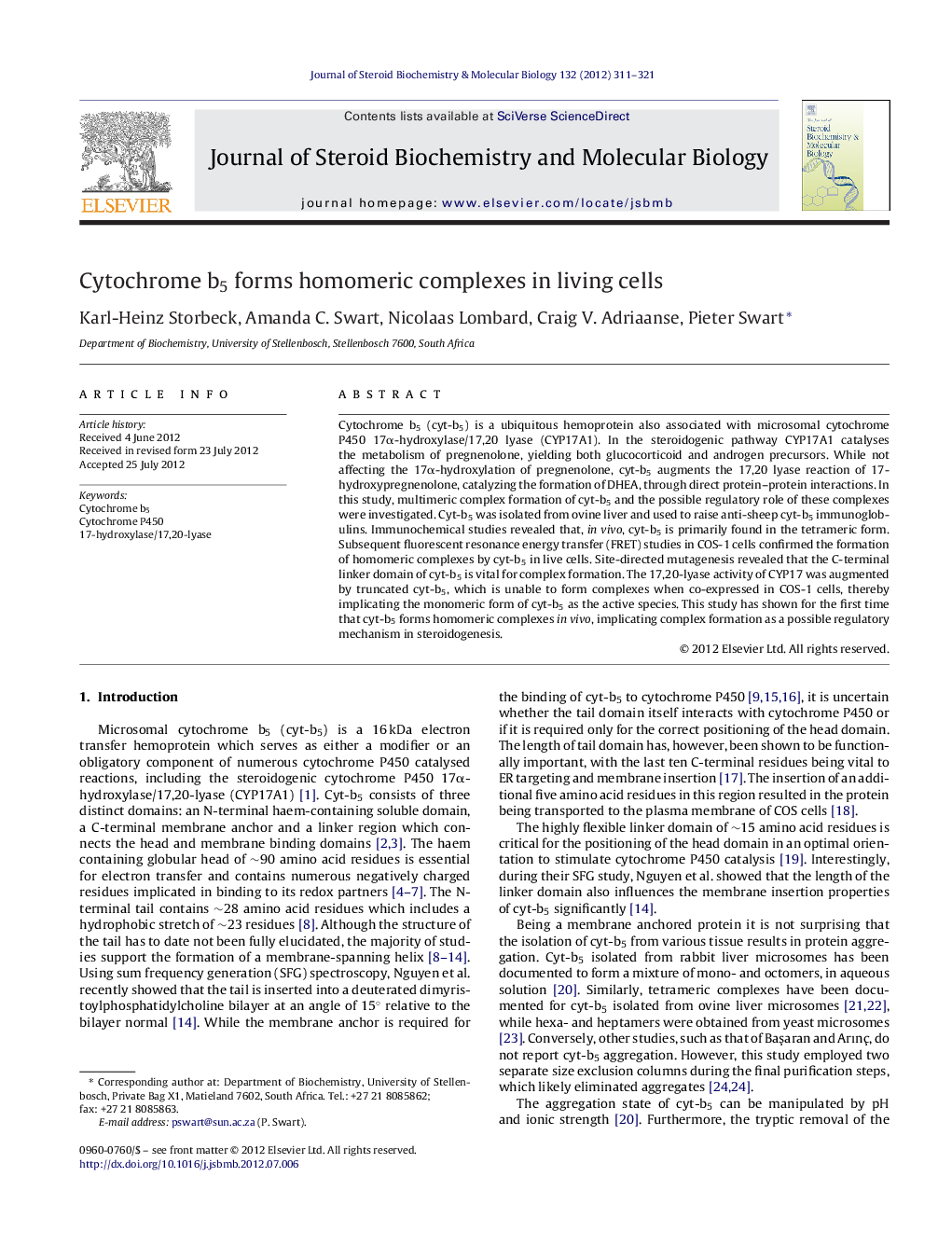 Cytochrome b5 forms homomeric complexes in living cells