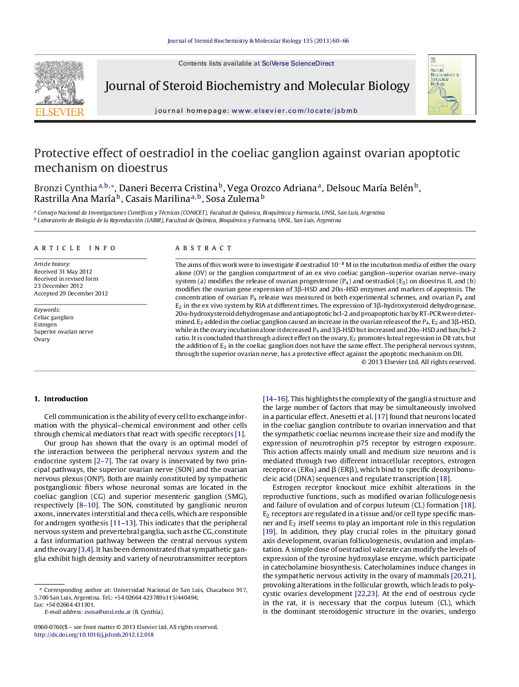 Protective effect of oestradiol in the coeliac ganglion against ovarian apoptotic mechanism on dioestrus