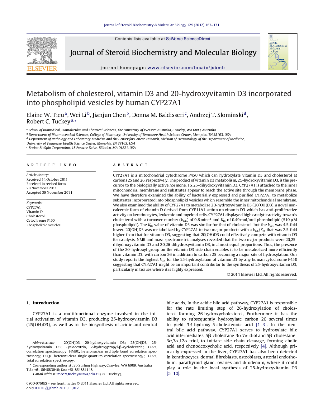 Metabolism of cholesterol, vitamin D3 and 20-hydroxyvitamin D3 incorporated into phospholipid vesicles by human CYP27A1