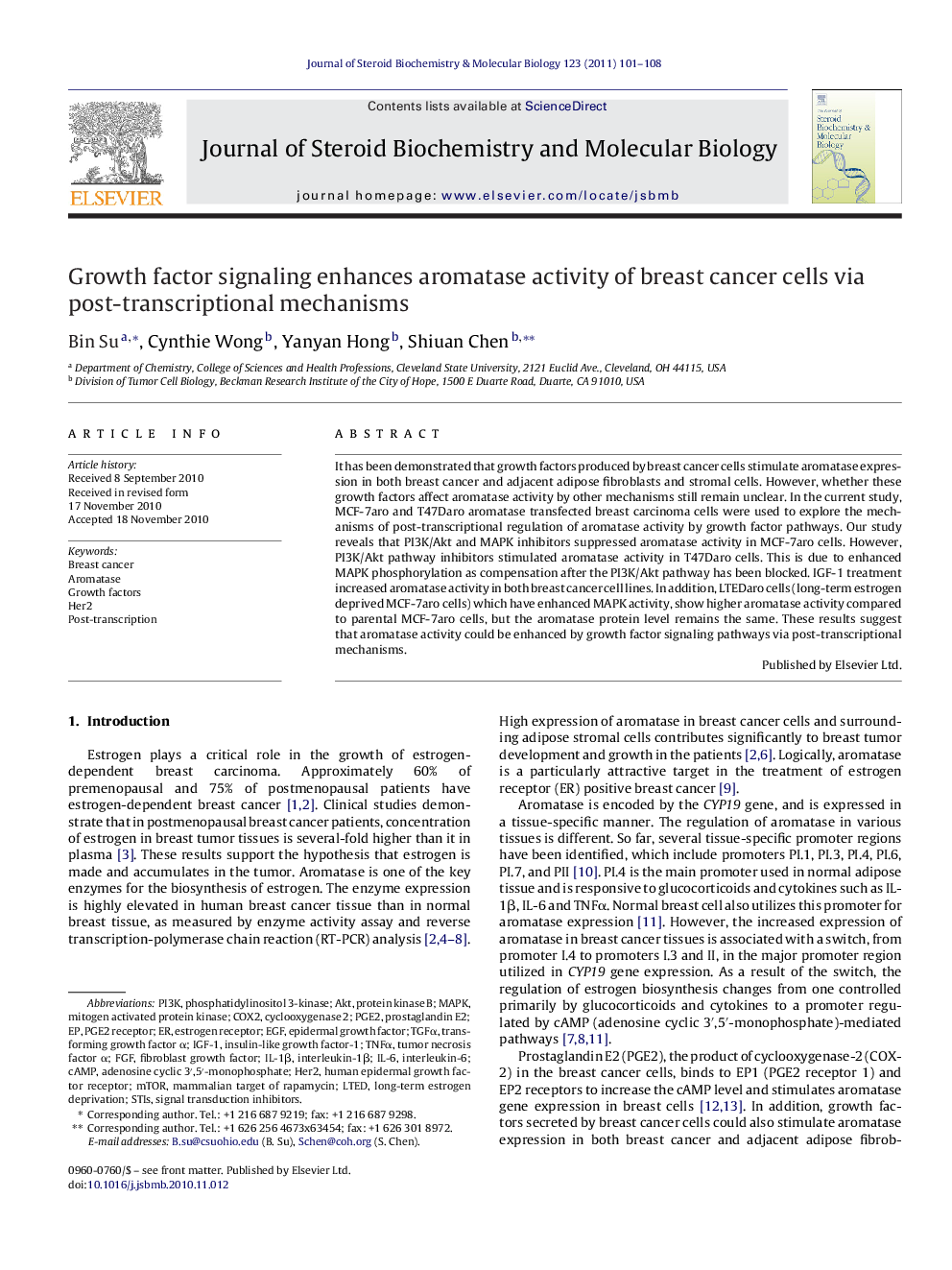 Growth factor signaling enhances aromatase activity of breast cancer cells via post-transcriptional mechanisms