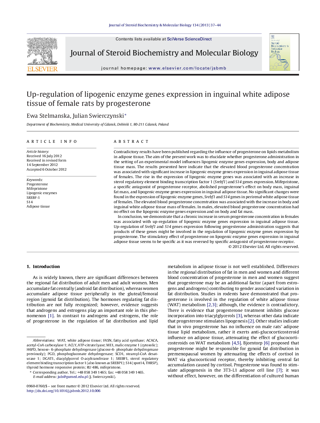 Up-regulation of lipogenic enzyme genes expression in inguinal white adipose tissue of female rats by progesterone