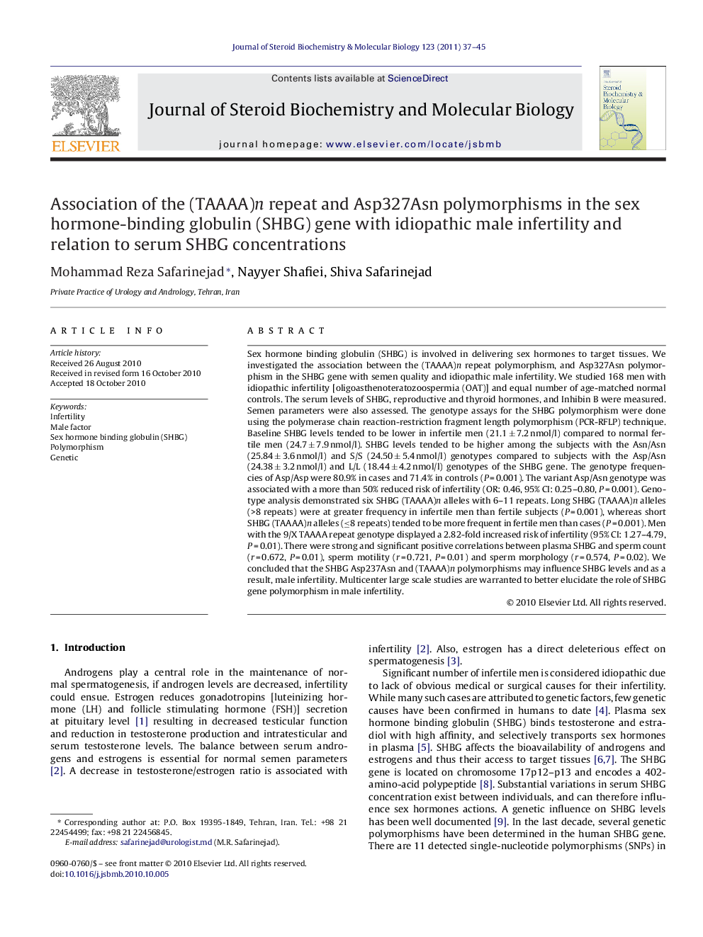 Association of the (TAAAA)n repeat and Asp327Asn polymorphisms in the sex hormone-binding globulin (SHBG) gene with idiopathic male infertility and relation to serum SHBG concentrations