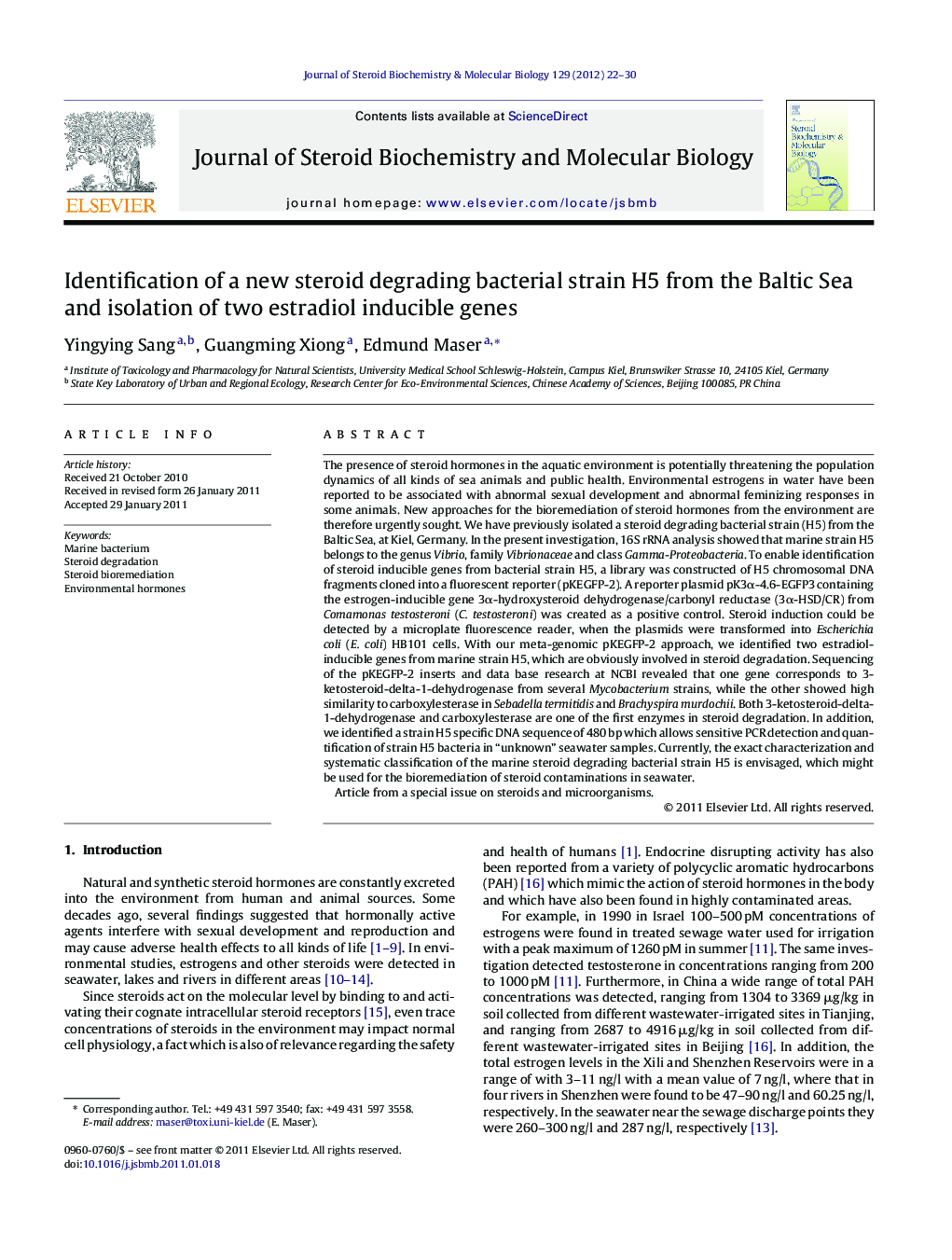 Identification of a new steroid degrading bacterial strain H5 from the Baltic Sea and isolation of two estradiol inducible genes