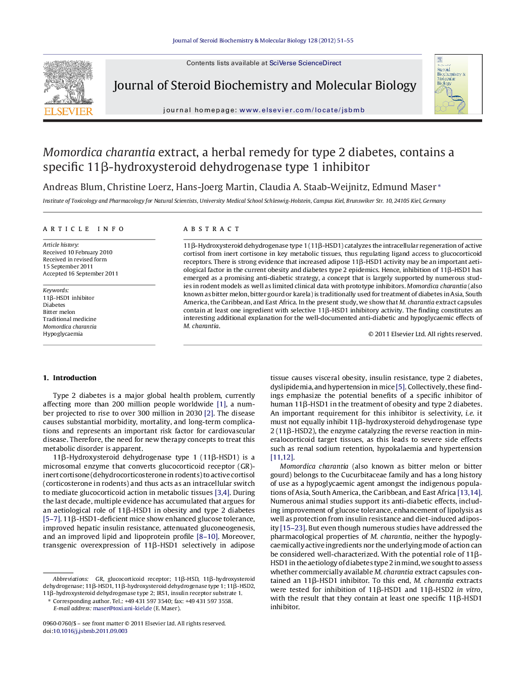 Momordica charantia extract, a herbal remedy for type 2 diabetes, contains a specific 11β-hydroxysteroid dehydrogenase type 1 inhibitor