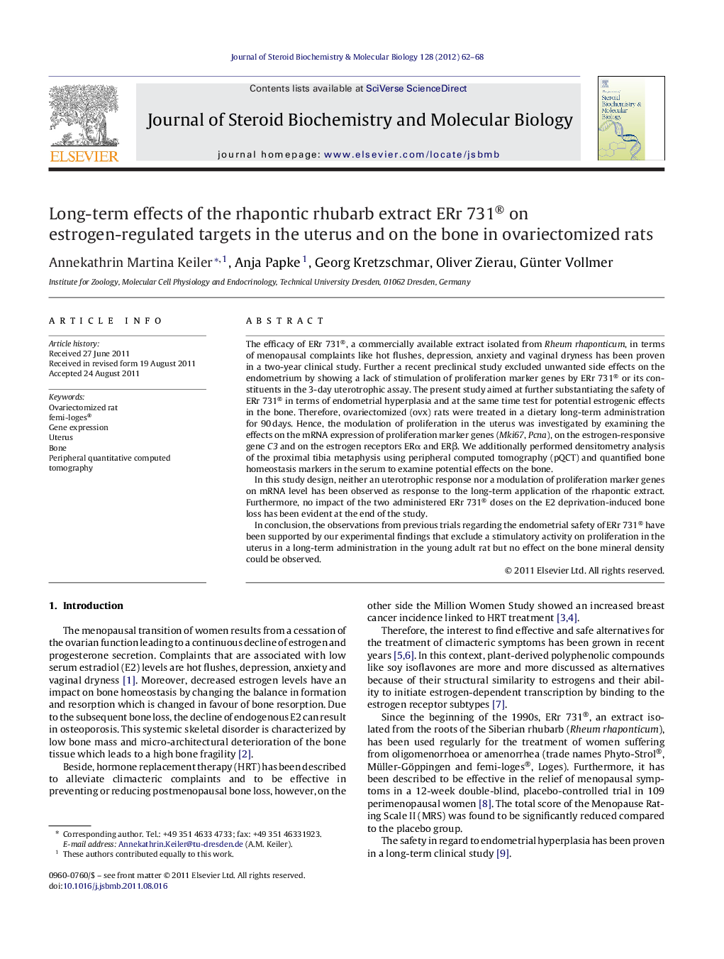 Long-term effects of the rhapontic rhubarb extract ERr 731® on estrogen-regulated targets in the uterus and on the bone in ovariectomized rats