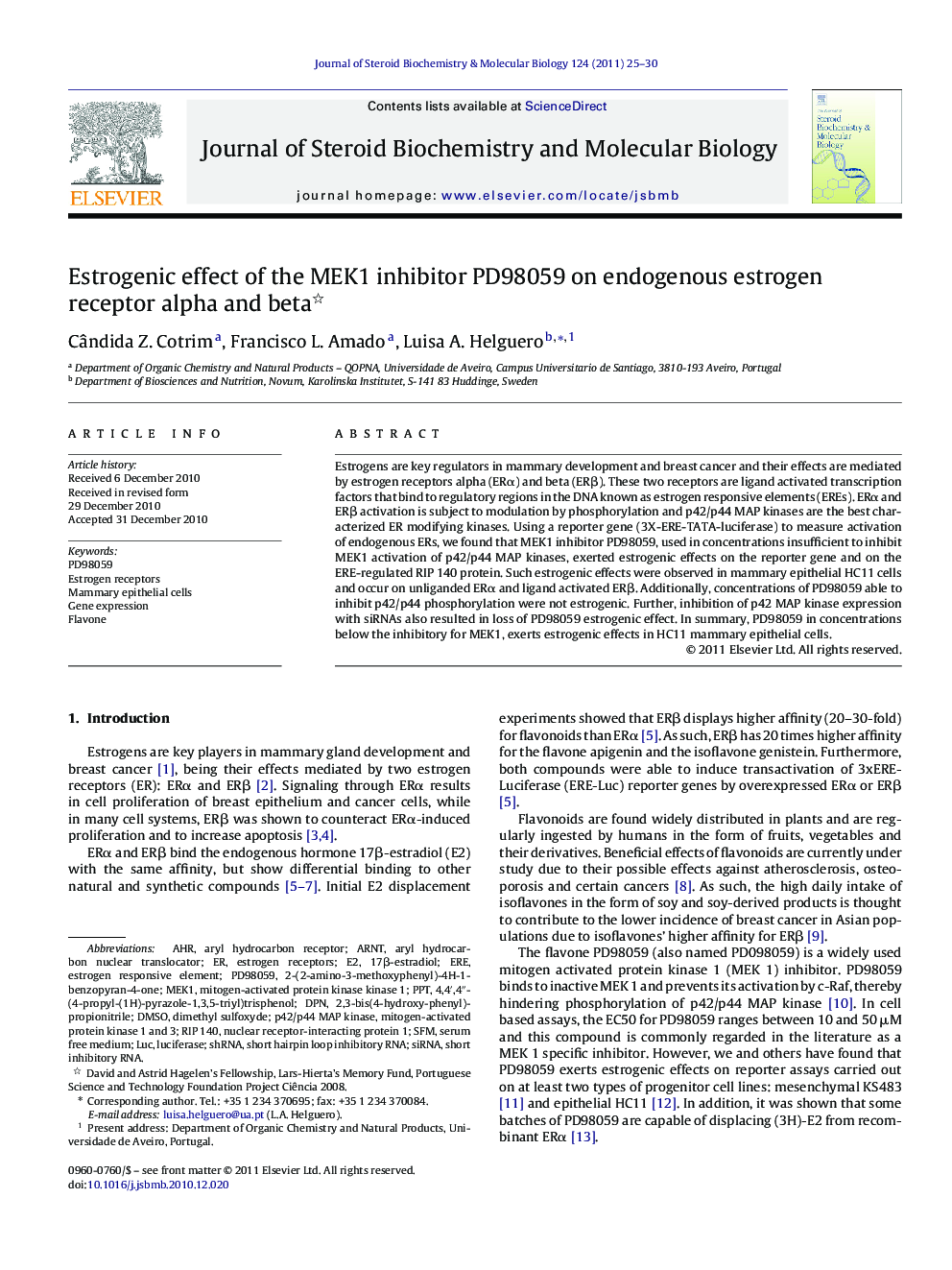 Estrogenic effect of the MEK1 inhibitor PD98059 on endogenous estrogen receptor alpha and beta 