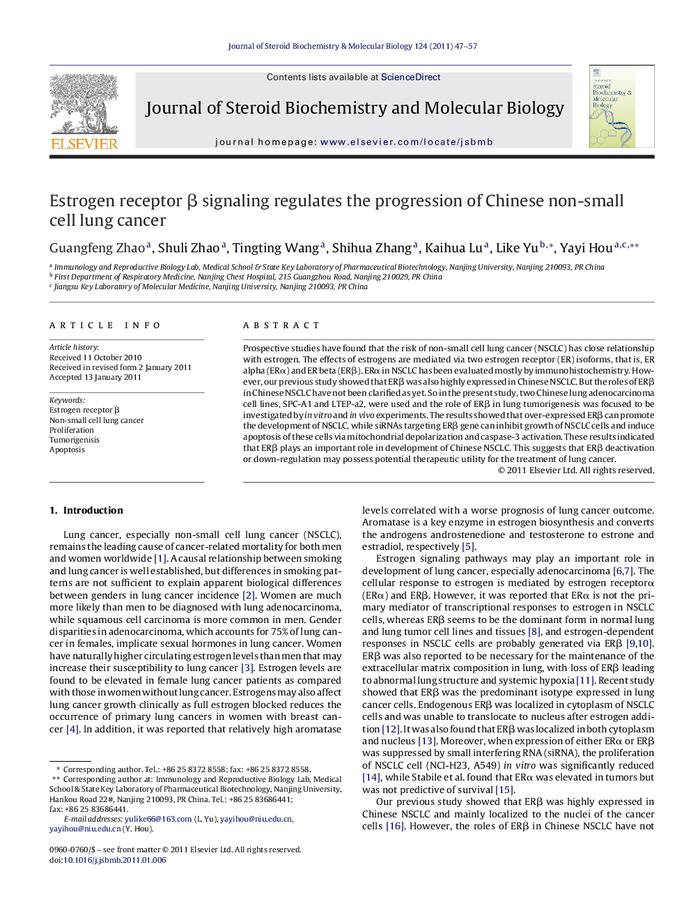 Estrogen receptor Î² signaling regulates the progression of Chinese non-small cell lung cancer