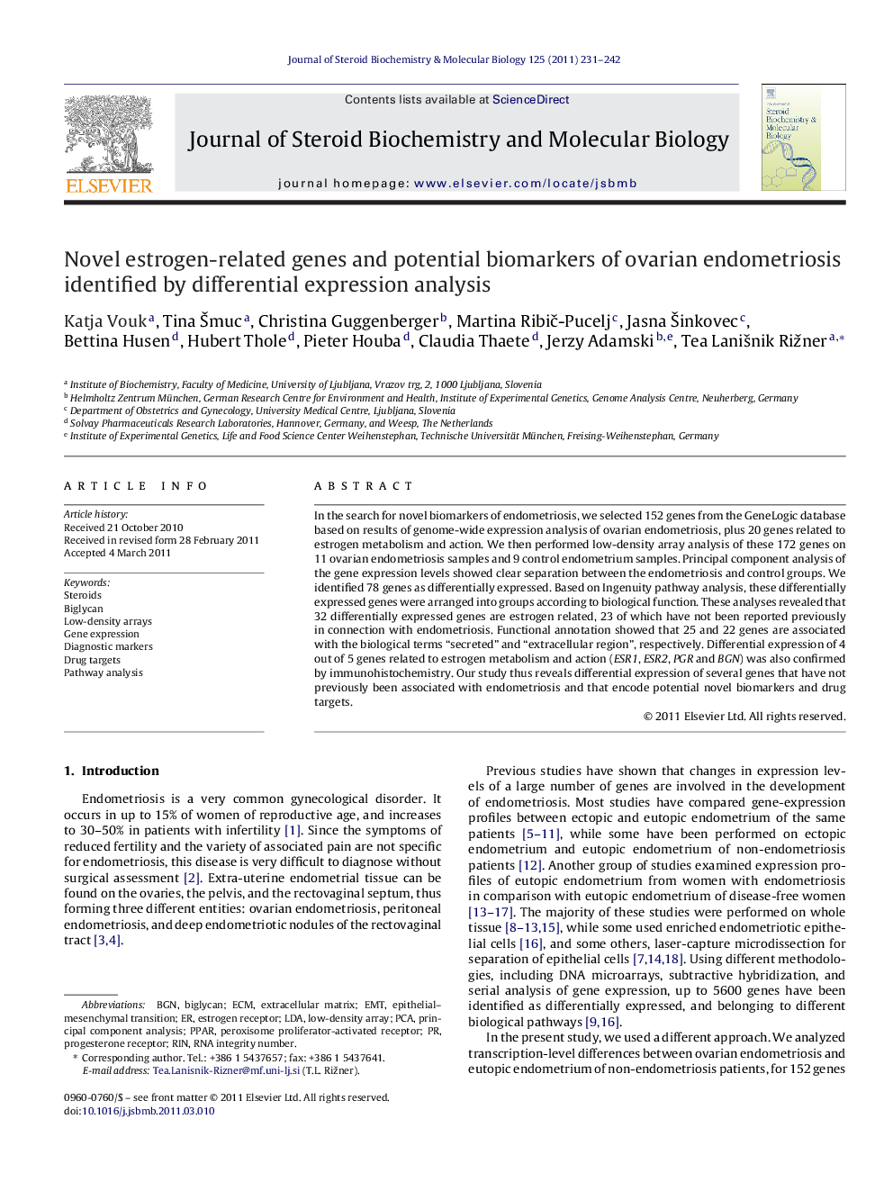 Novel estrogen-related genes and potential biomarkers of ovarian endometriosis identified by differential expression analysis