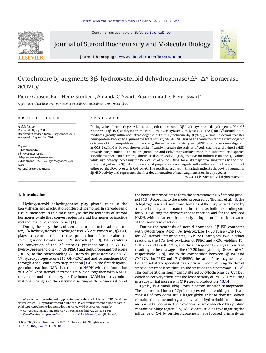 Cytochrome b5 augments 3β-hydroxysteroid dehydrogenase/Δ5-Δ4 isomerase activity