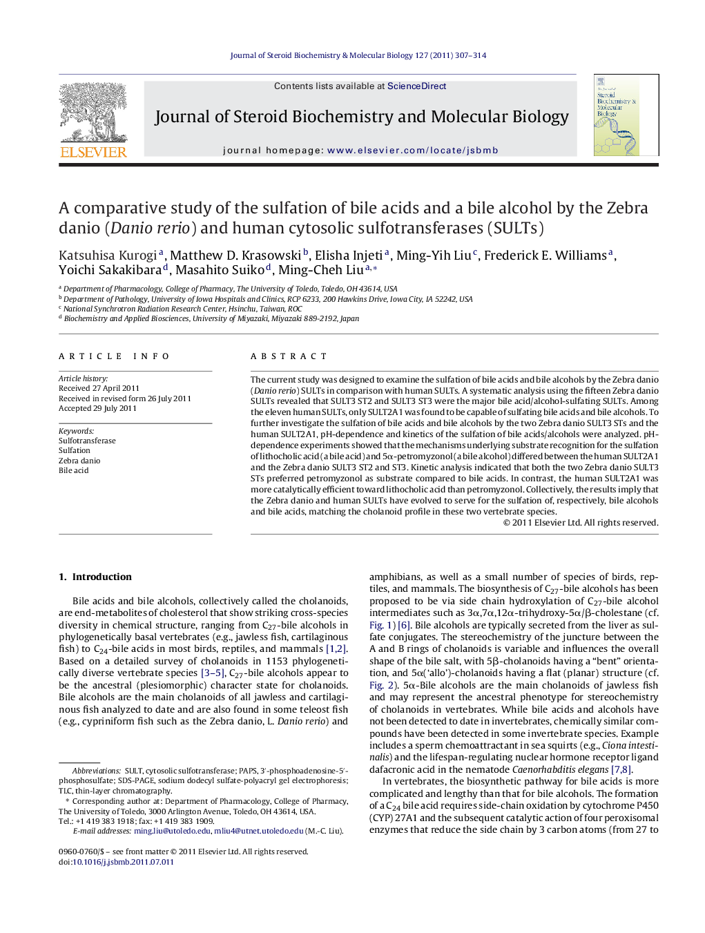 A comparative study of the sulfation of bile acids and a bile alcohol by the Zebra danio (Danio rerio) and human cytosolic sulfotransferases (SULTs)