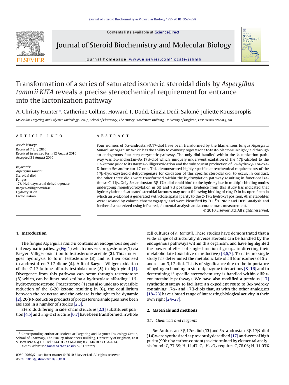 Transformation of a series of saturated isomeric steroidal diols by Aspergillus tamarii KITA reveals a precise stereochemical requirement for entrance into the lactonization pathway