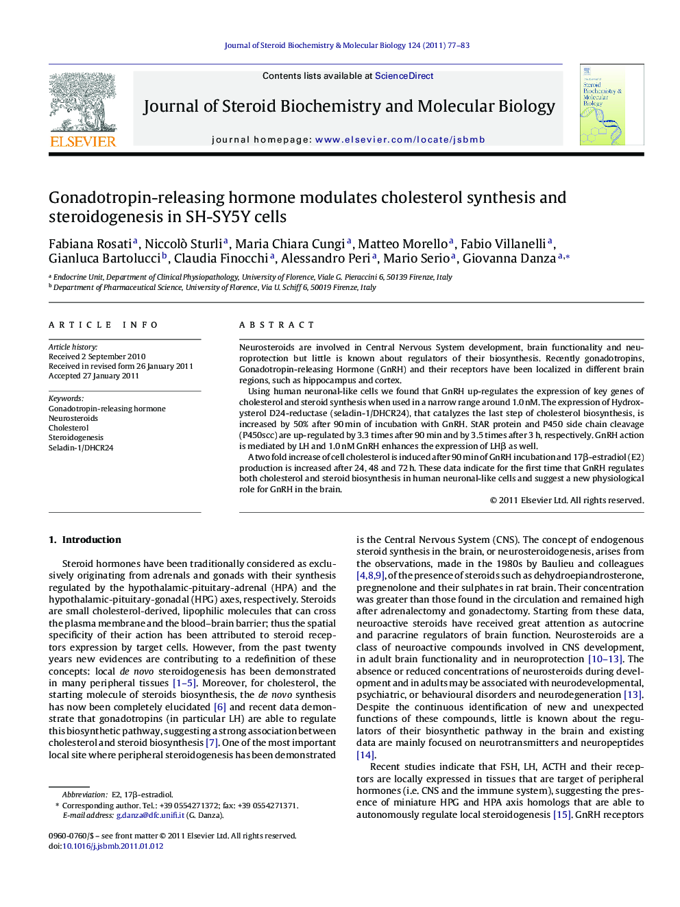 Gonadotropin-releasing hormone modulates cholesterol synthesis and steroidogenesis in SH-SY5Y cells