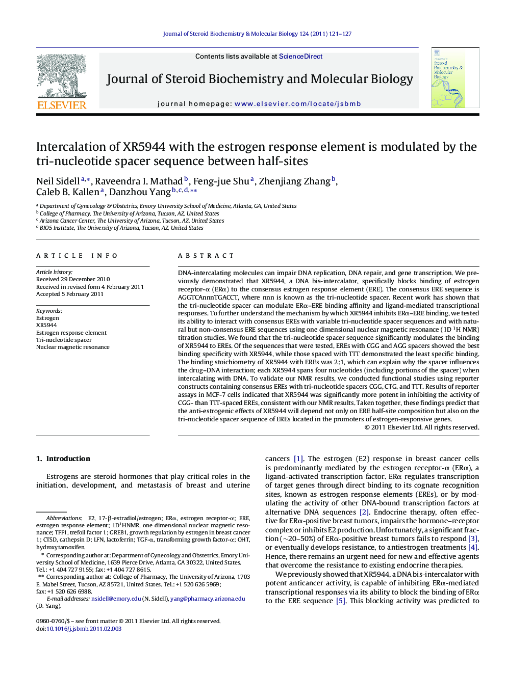 Intercalation of XR5944 with the estrogen response element is modulated by the tri-nucleotide spacer sequence between half-sites