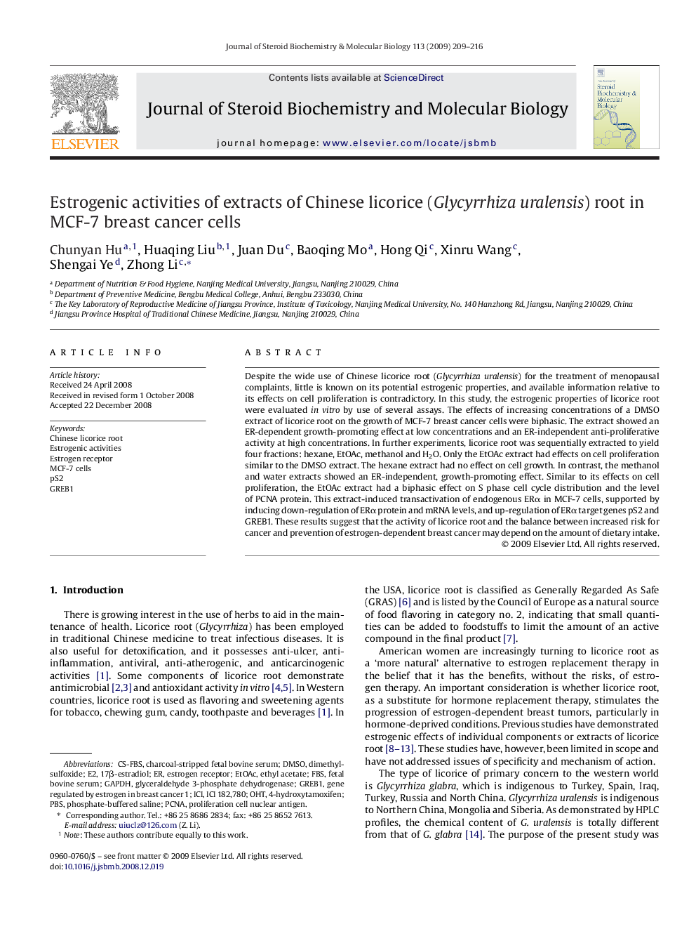 Estrogenic activities of extracts of Chinese licorice (Glycyrrhiza uralensis) root in MCF-7 breast cancer cells